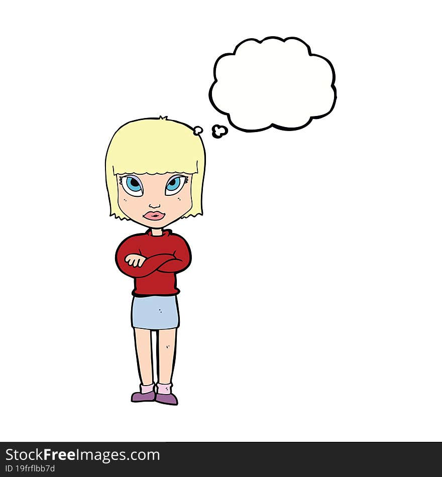 cartoon woman with crossed arms with thought bubble