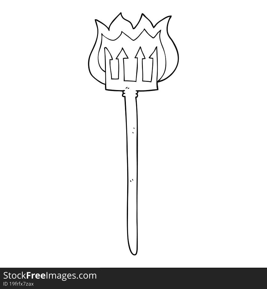 freehand drawn black and white cartoon flaming devil fork