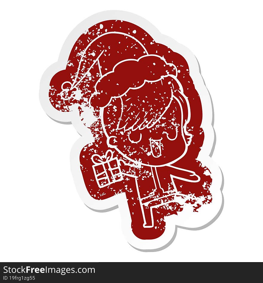 Cute Cartoon Distressed Sticker Of A Girl With Hipster Haircut Wearing Santa Hat