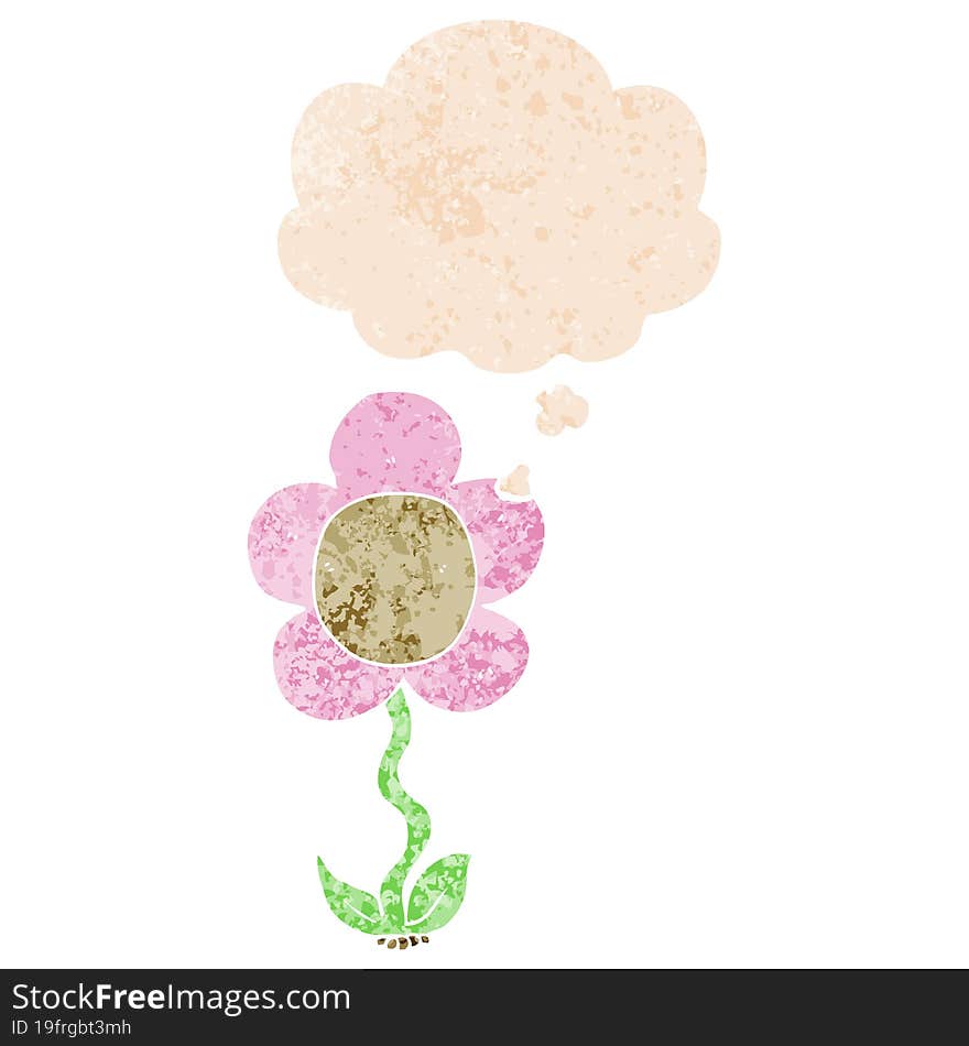 Cartoon Flower And Thought Bubble In Retro Textured Style