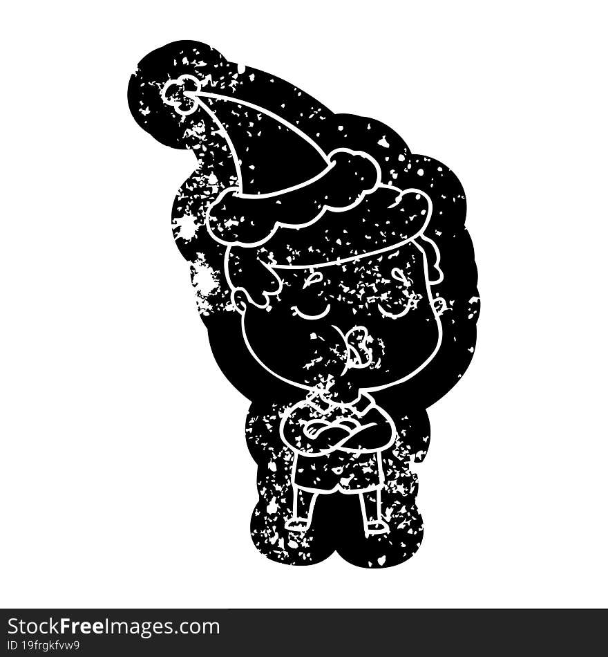 quirky cartoon distressed icon of a man talking wearing santa hat