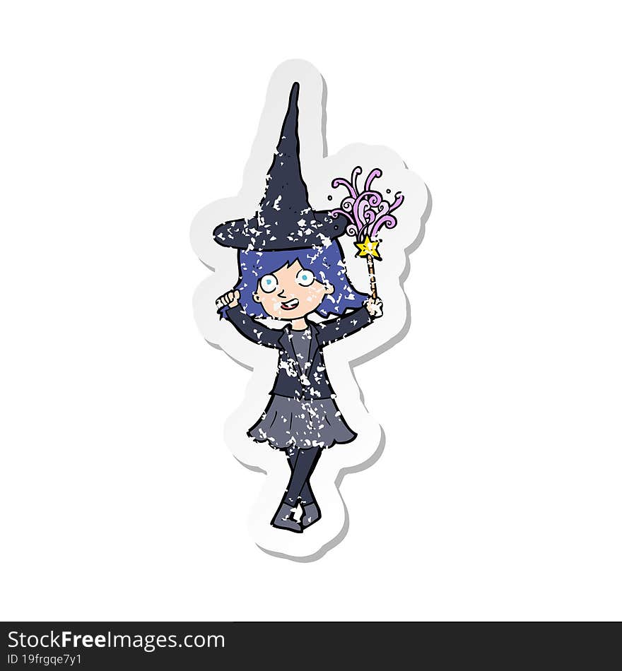 Retro Distressed Sticker Of A Cartoon Happy Witch