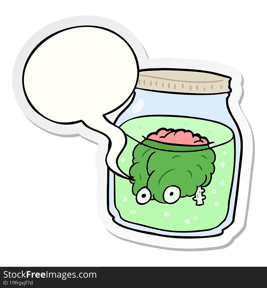 cartoon spooky brain floating in jar with speech bubble sticker