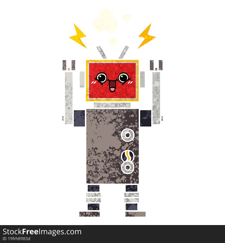 retro illustration style cartoon happy robot