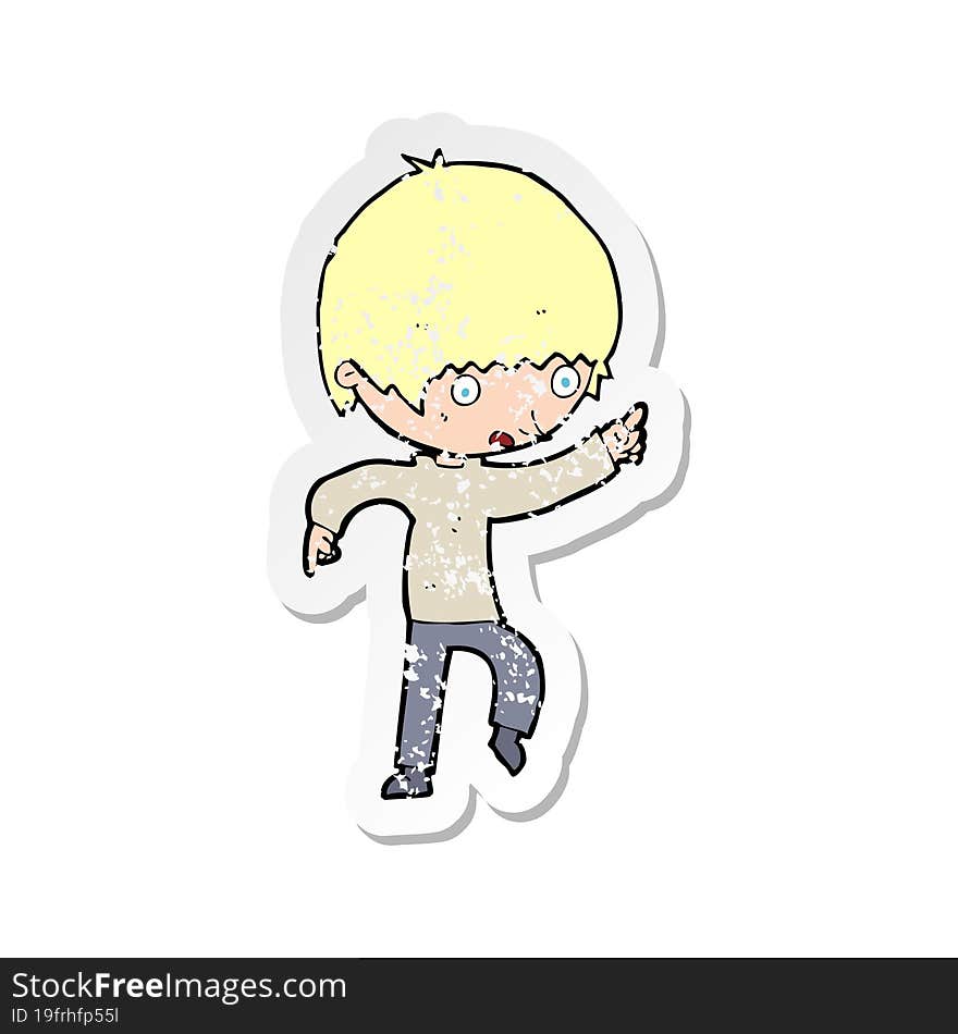 retro distressed sticker of a cartoon worried boy pointing