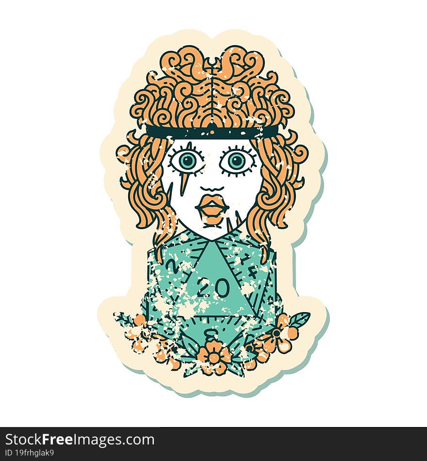 grunge sticker of a human barbarian with natural twenty dice roll. grunge sticker of a human barbarian with natural twenty dice roll