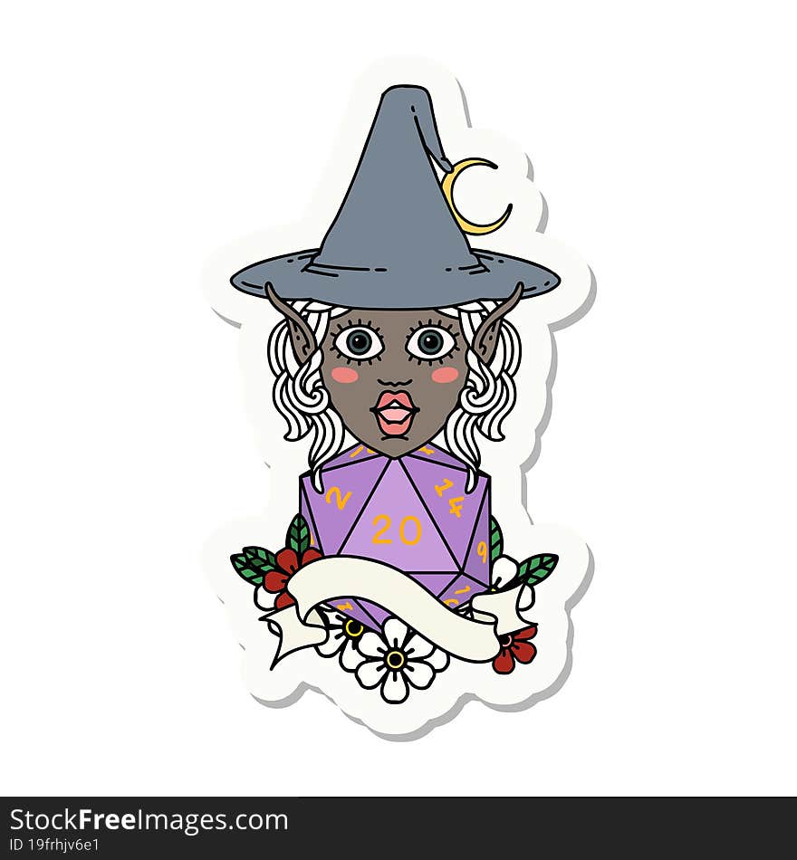 elf mage character with natural twenty dice roll sticker