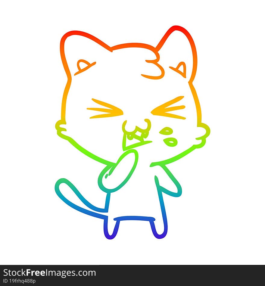 rainbow gradient line drawing of a cartoon cat hissing