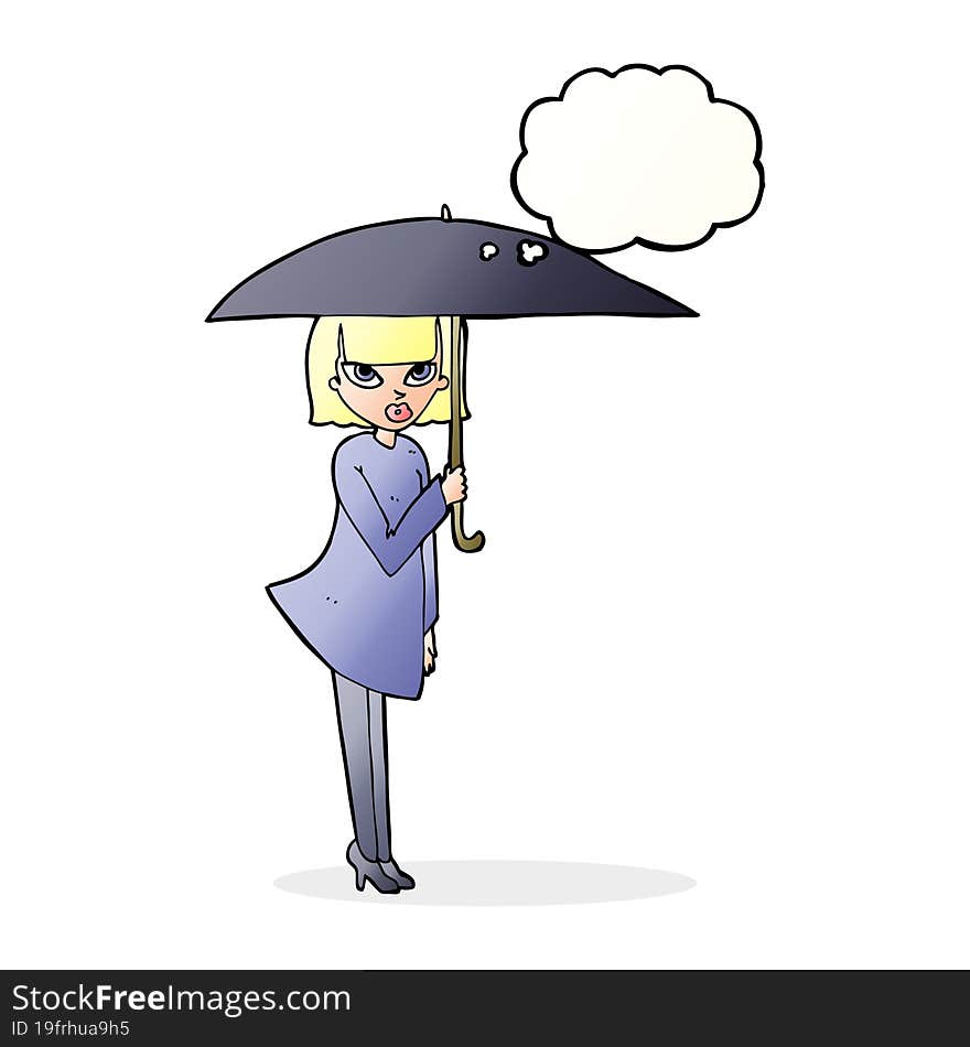 cartoon woman with umbrella with thought bubble