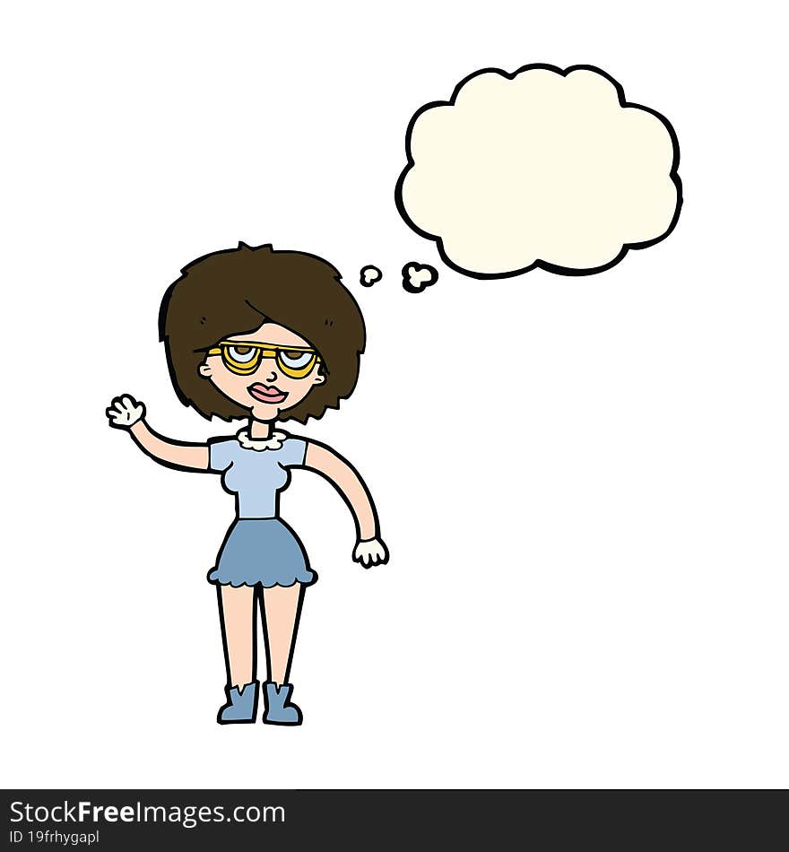 cartoon waving woman wearing spectacles with thought bubble