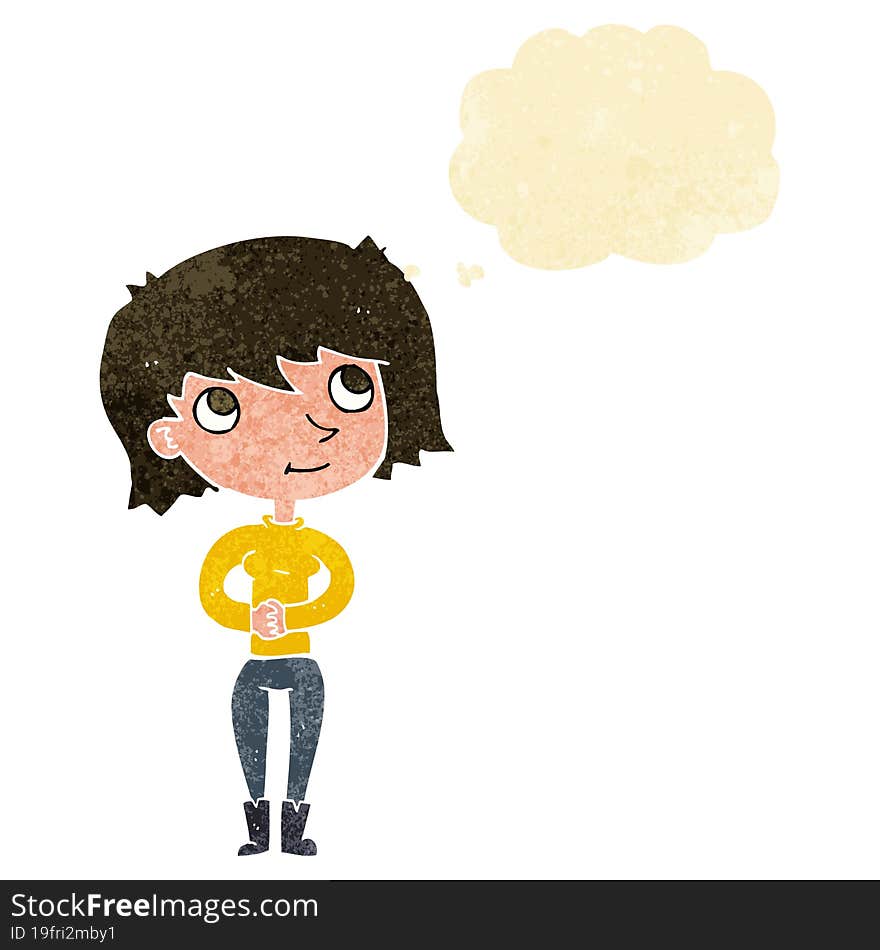 cartoon friendly woman with thought bubble