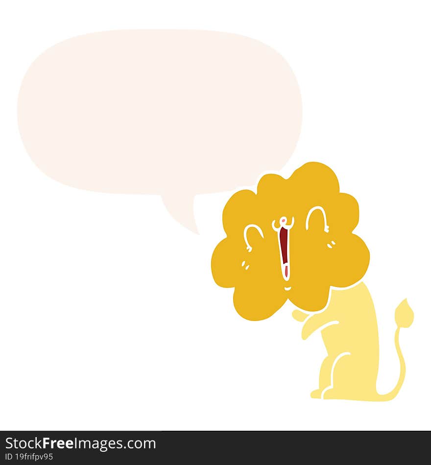 cute cartoon lion and speech bubble in retro style