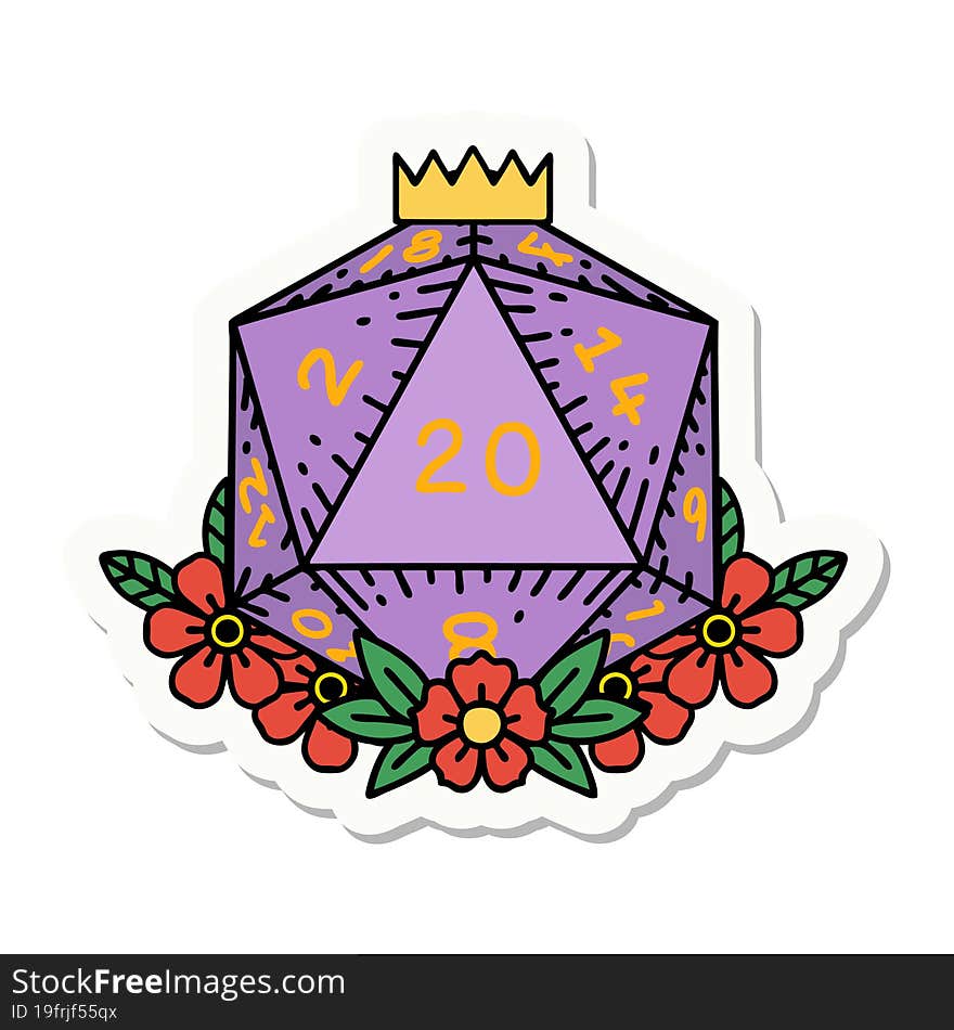 sticker of a natural 20 D20 dice roll with floral elements. sticker of a natural 20 D20 dice roll with floral elements