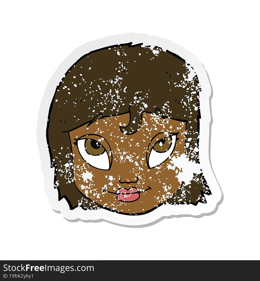 retro distressed sticker of a cartoon woman smiling