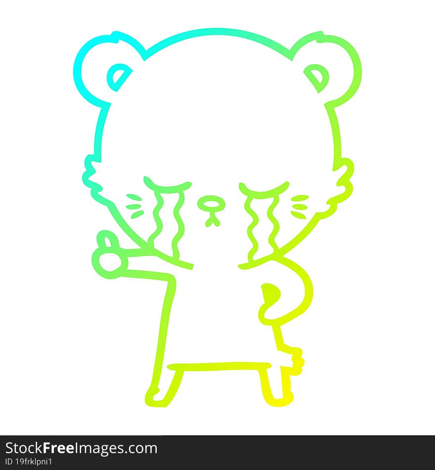 Cold Gradient Line Drawing Crying Cartoon Bear Giving Thumbs Up