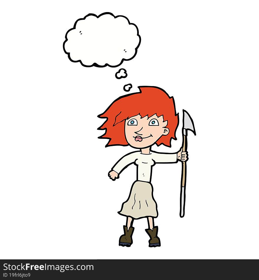 cartoon woman with spear with thought bubble