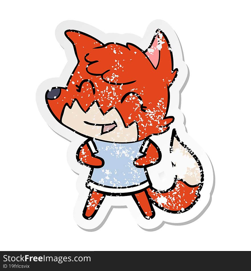 distressed sticker of a happy cartoon fox