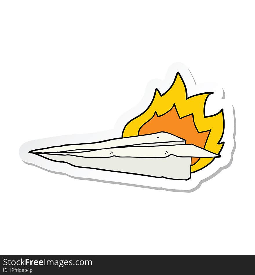 Sticker Of A Cartoon Burning Paper Airplane