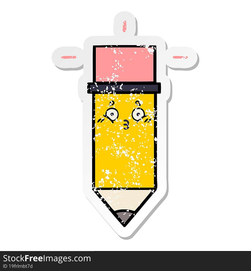 distressed sticker of a cute cartoon pencil