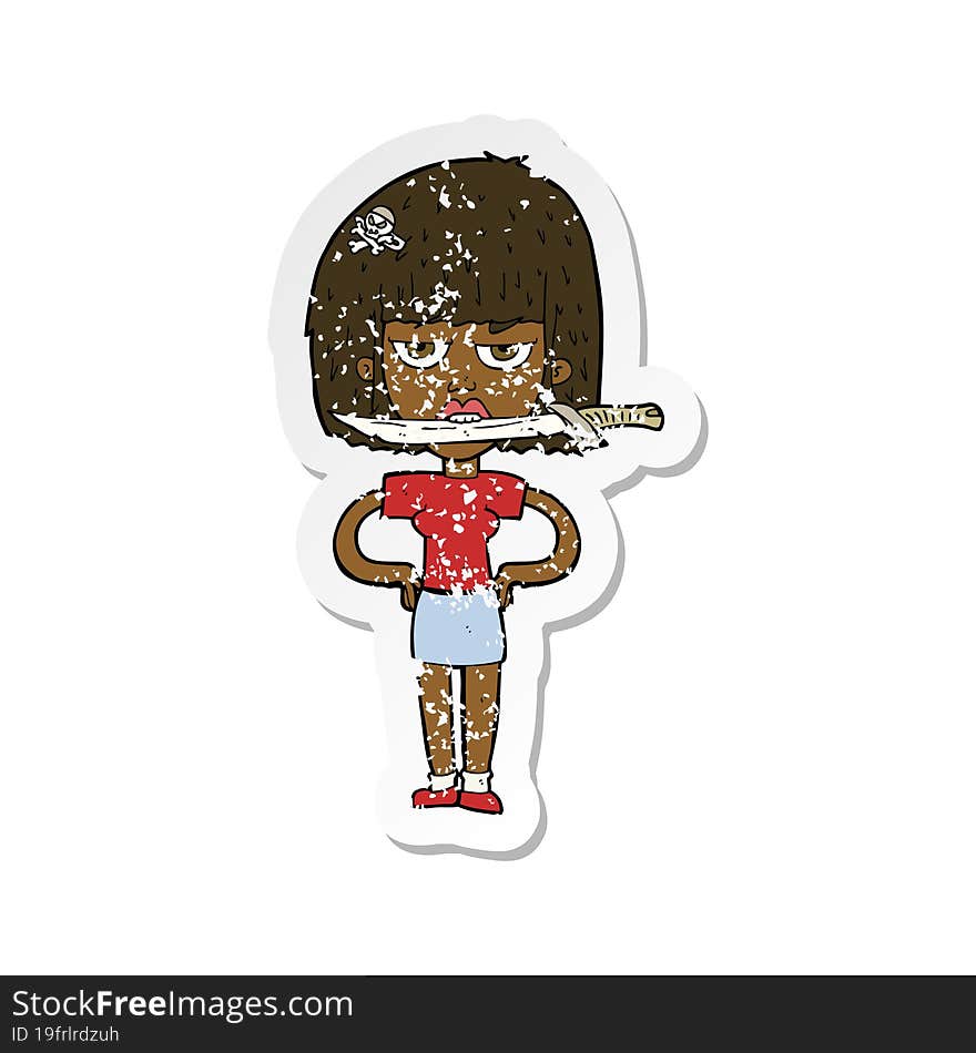 Retro Distressed Sticker Of A Cartoon Woman With Knife Between Teeth