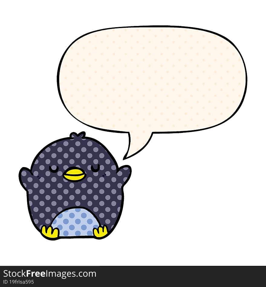 Cute Cartoon Penguin And Speech Bubble In Comic Book Style