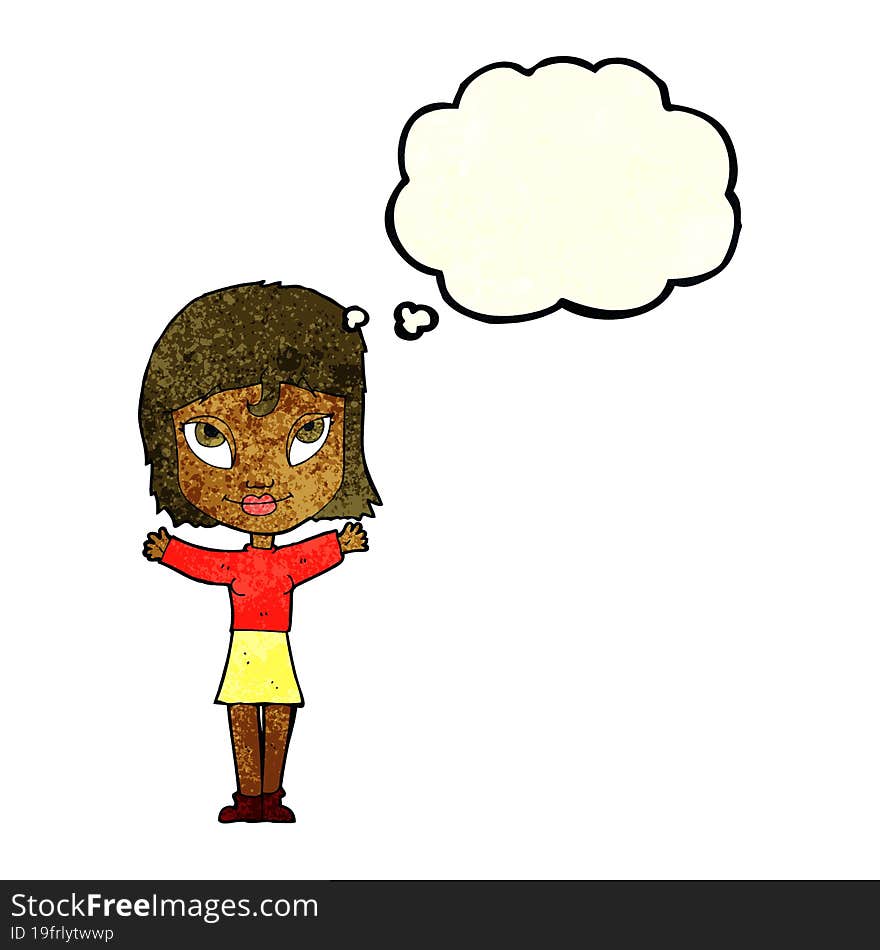 cartoon woman with open arms with thought bubble