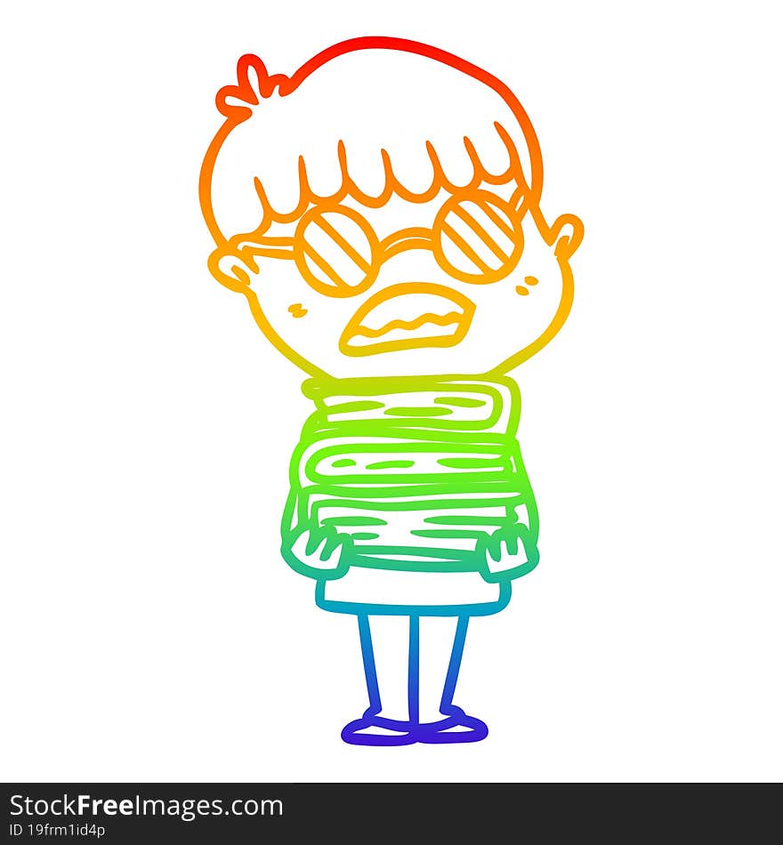 rainbow gradient line drawing cartoon boy with books wearing spectacles