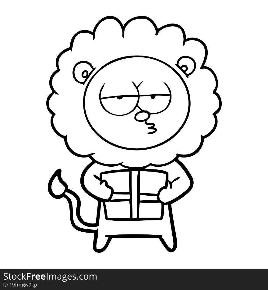 cartoon bored lion with present. cartoon bored lion with present