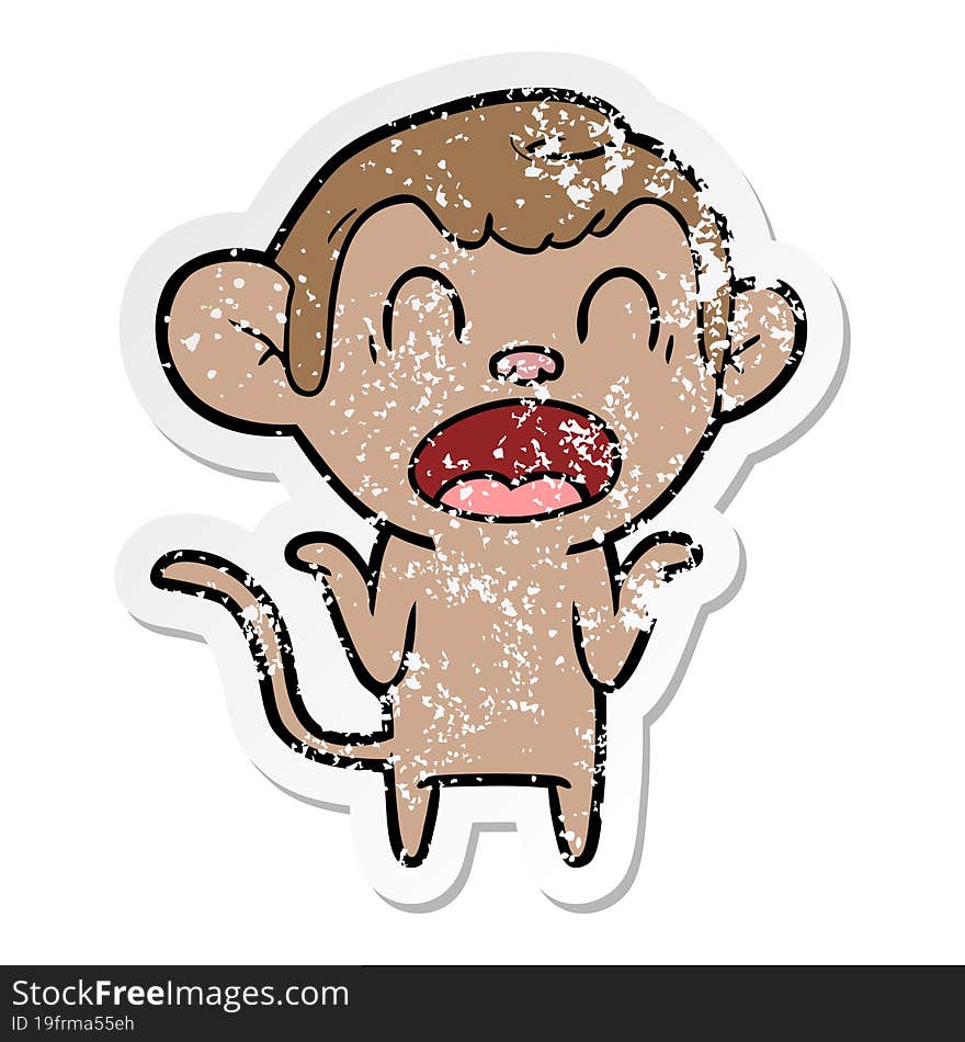 distressed sticker of a shouting cartoon monkey shrugging shoulders