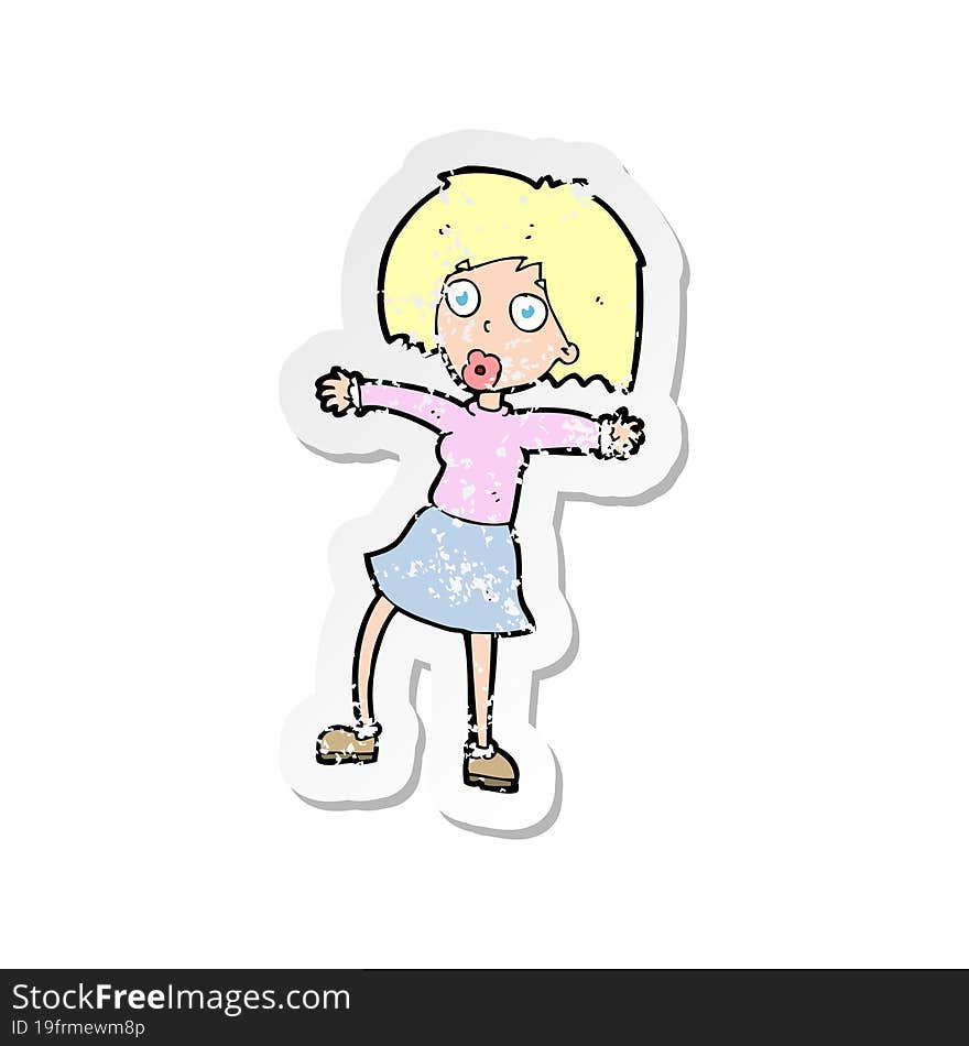 retro distressed sticker of a cartoon surprised woman