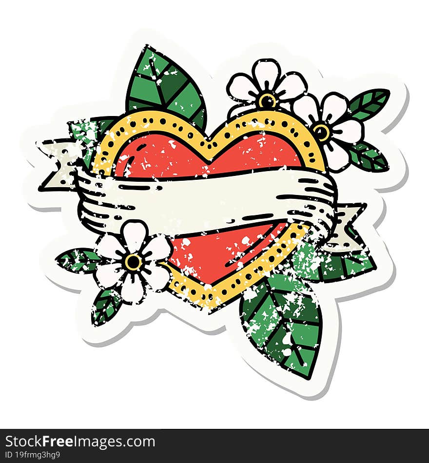 distressed sticker tattoo in traditional style of a heart and banner. distressed sticker tattoo in traditional style of a heart and banner