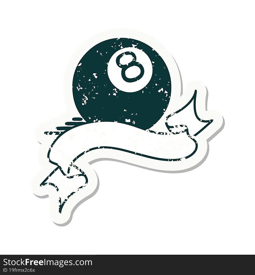 grunge sticker with banner of a 8 ball