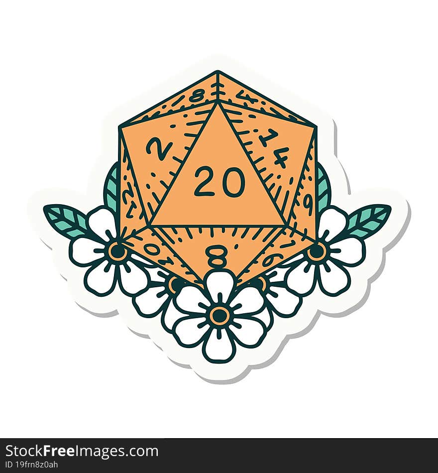 sticker of tattoo in traditional style of a d20. sticker of tattoo in traditional style of a d20