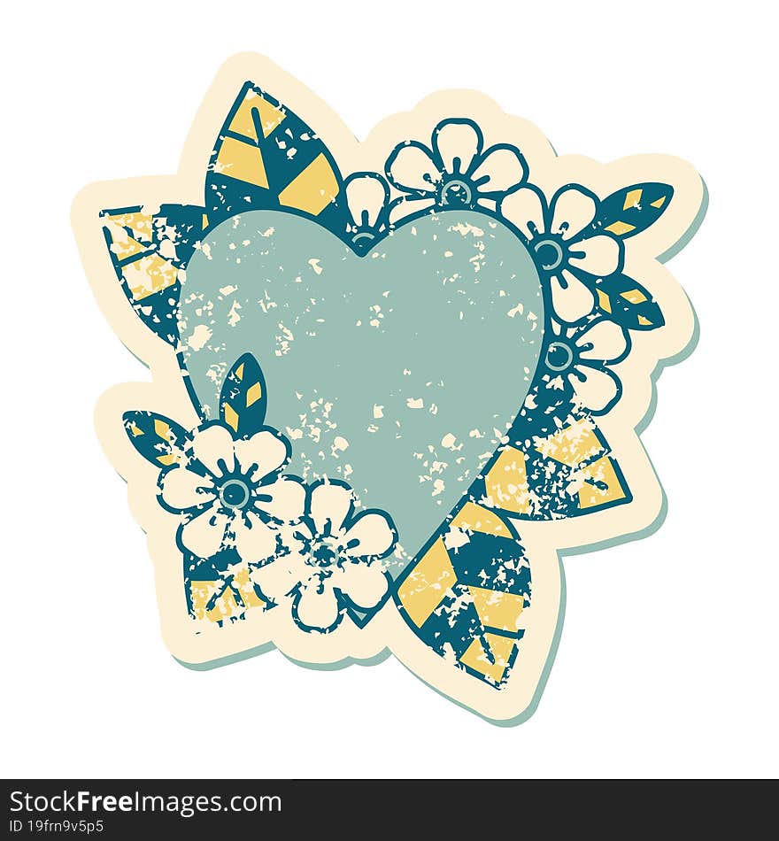 distressed sticker tattoo style icon of a botanical heart