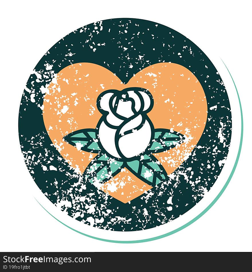 iconic distressed sticker tattoo style image of a heart and flowers. iconic distressed sticker tattoo style image of a heart and flowers