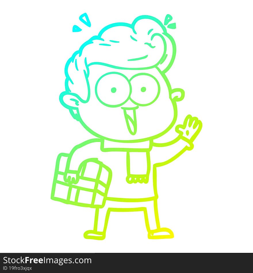 cold gradient line drawing of a cartoon excited man with present