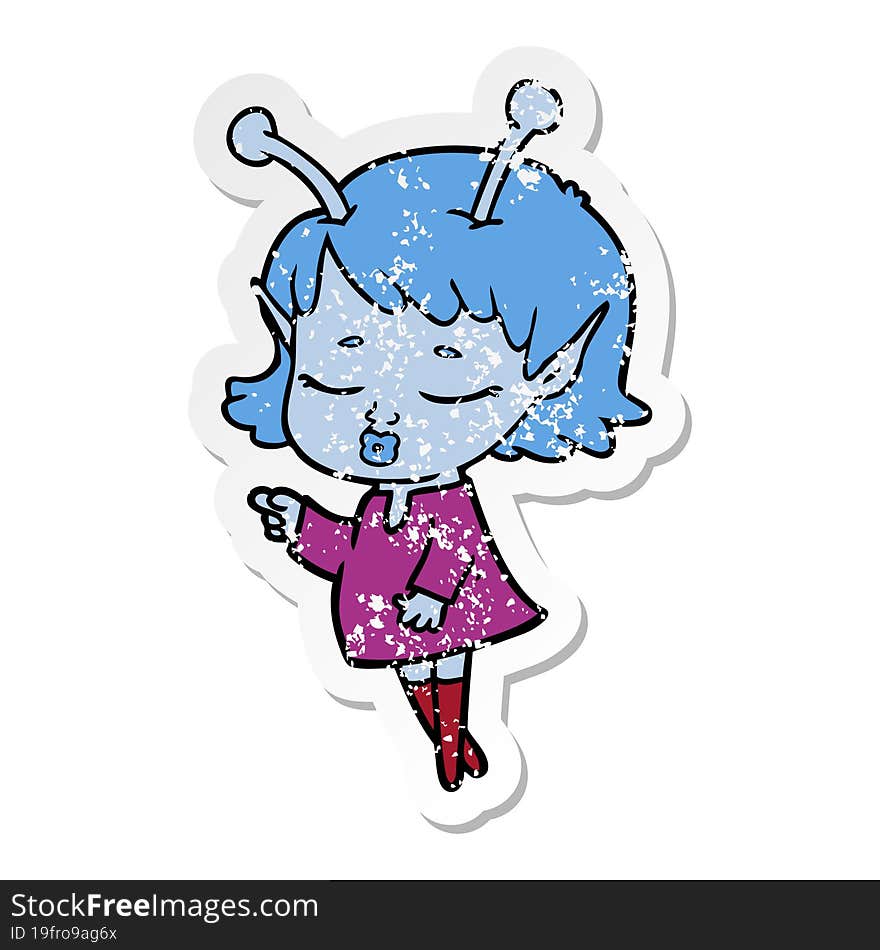 Distressed Sticker Of A Cute Alien Girl Cartoon