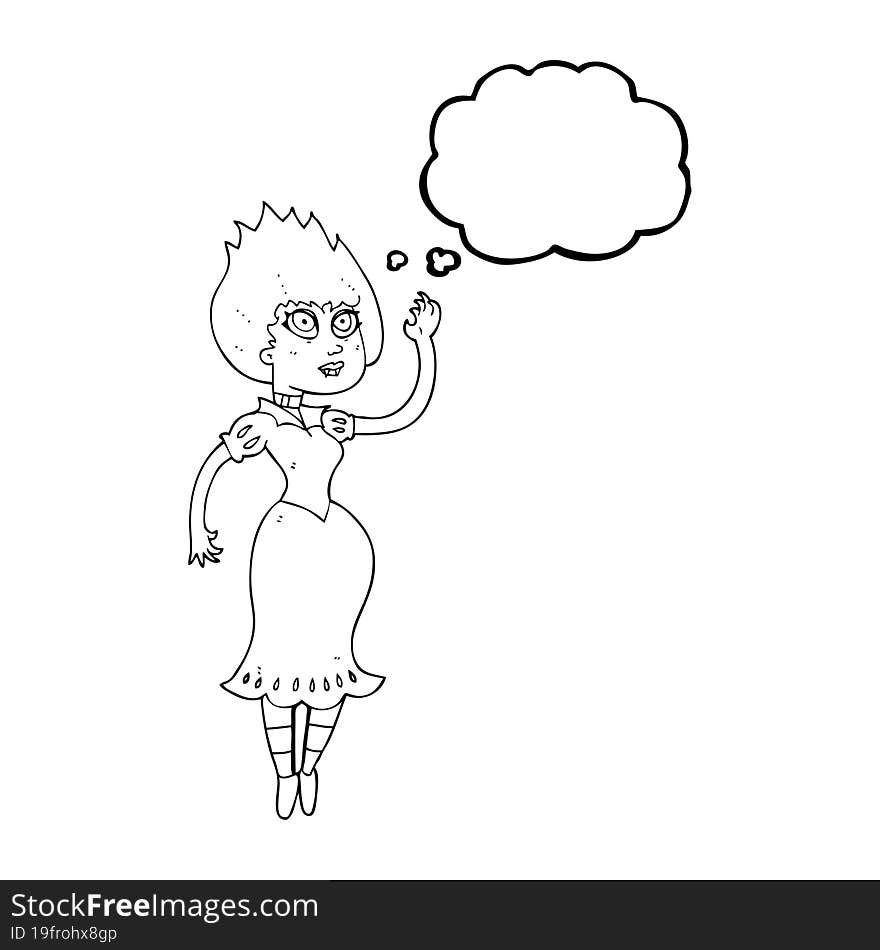 freehand drawn thought bubble cartoon vampire girl waving