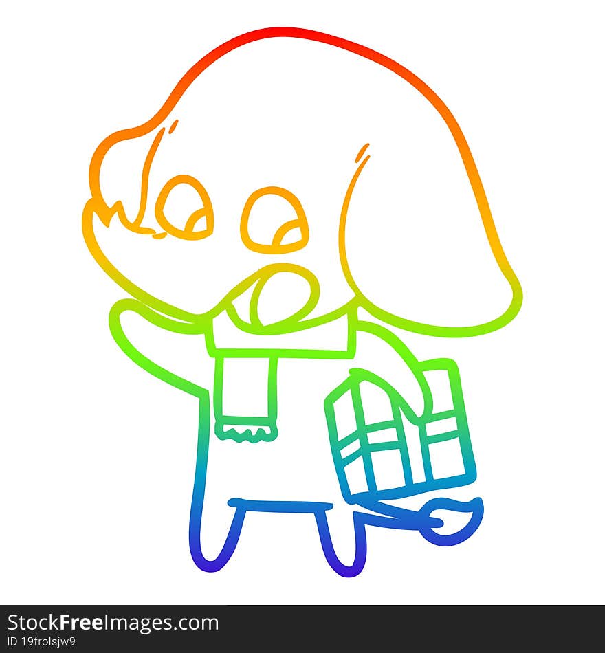 rainbow gradient line drawing cute cartoon elephant with christmas present