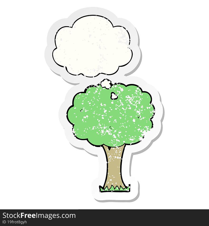 cartoon tree and thought bubble as a distressed worn sticker