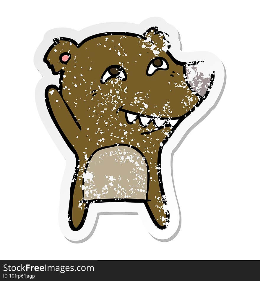 distressed sticker of a cartoon bear showing teeth