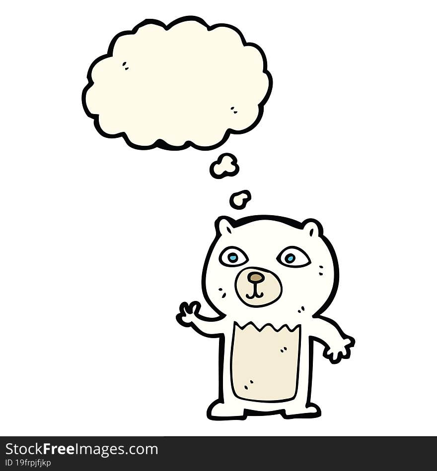 cartoon waving polar bear cub with thought bubble