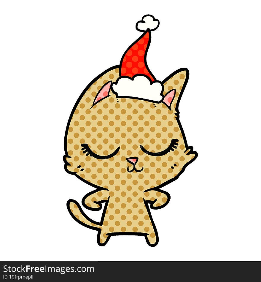 calm comic book style illustration of a cat wearing santa hat