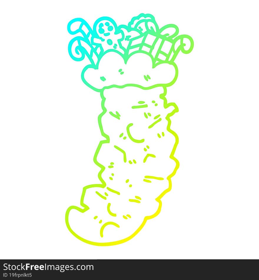 cold gradient line drawing of a cartoon christmas stocking stuffed with toys