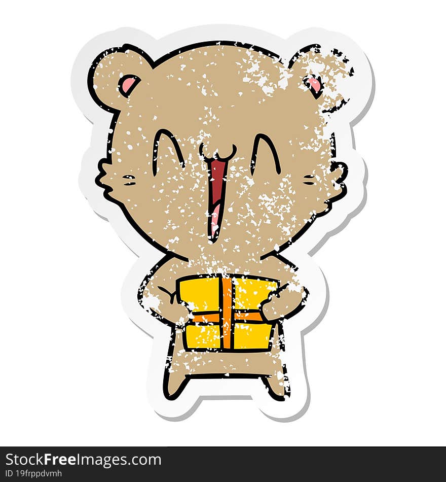 distressed sticker of a happy bear with gift cartoon