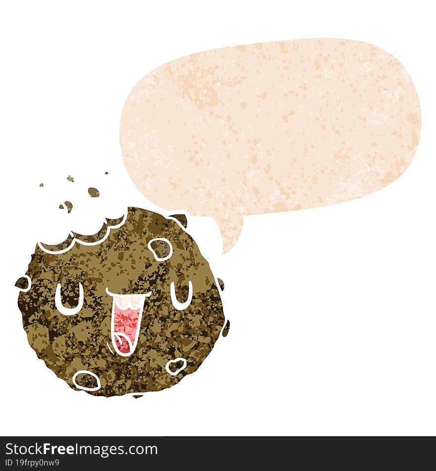 cartoon cookie and speech bubble in retro textured style