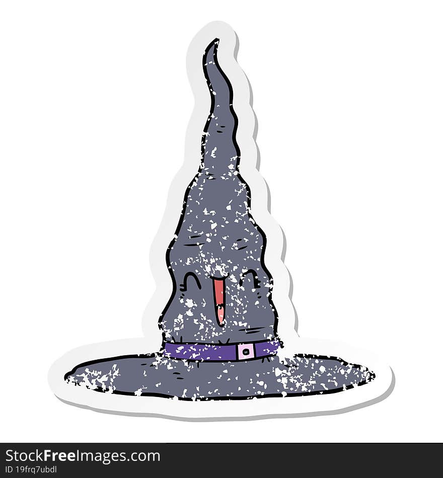 distressed sticker of a cartoon witchs hat