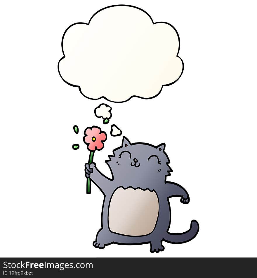 cartoon cat with flower and thought bubble in smooth gradient style