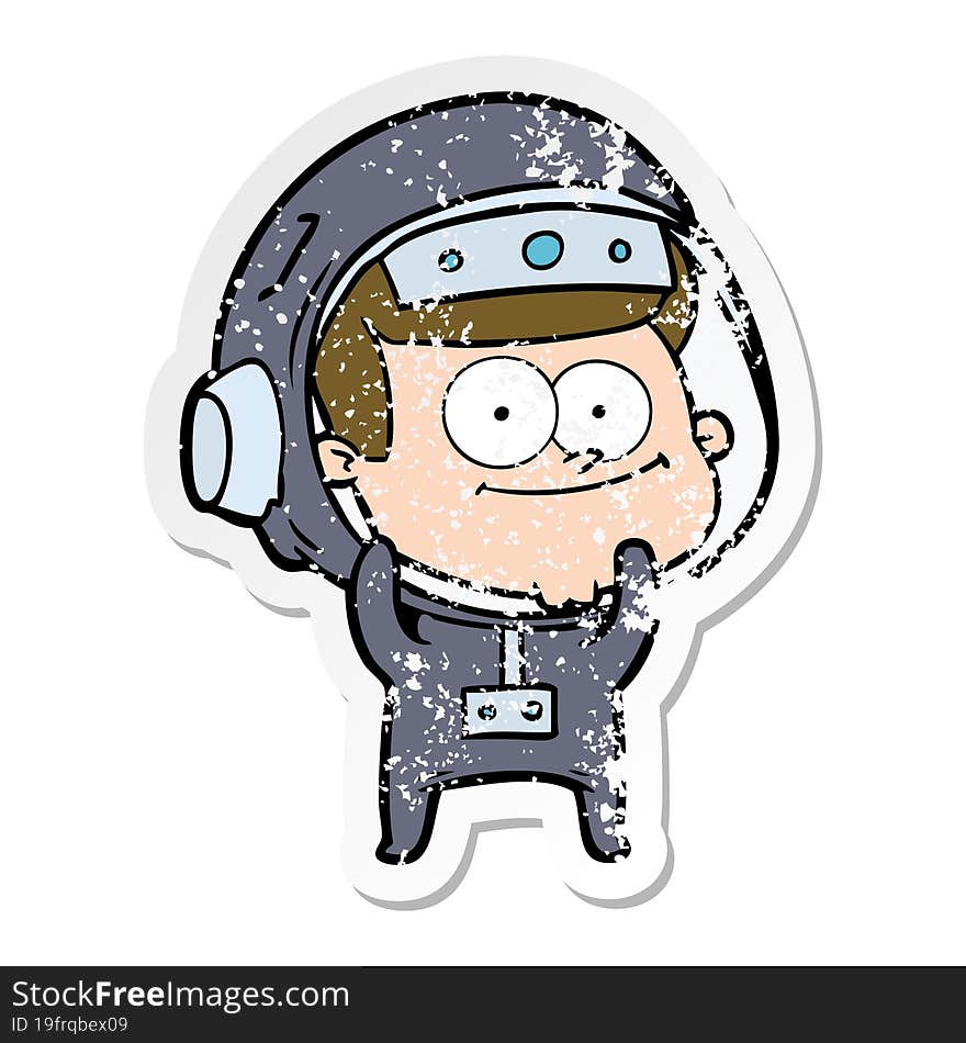 distressed sticker of a happy astronaut cartoon