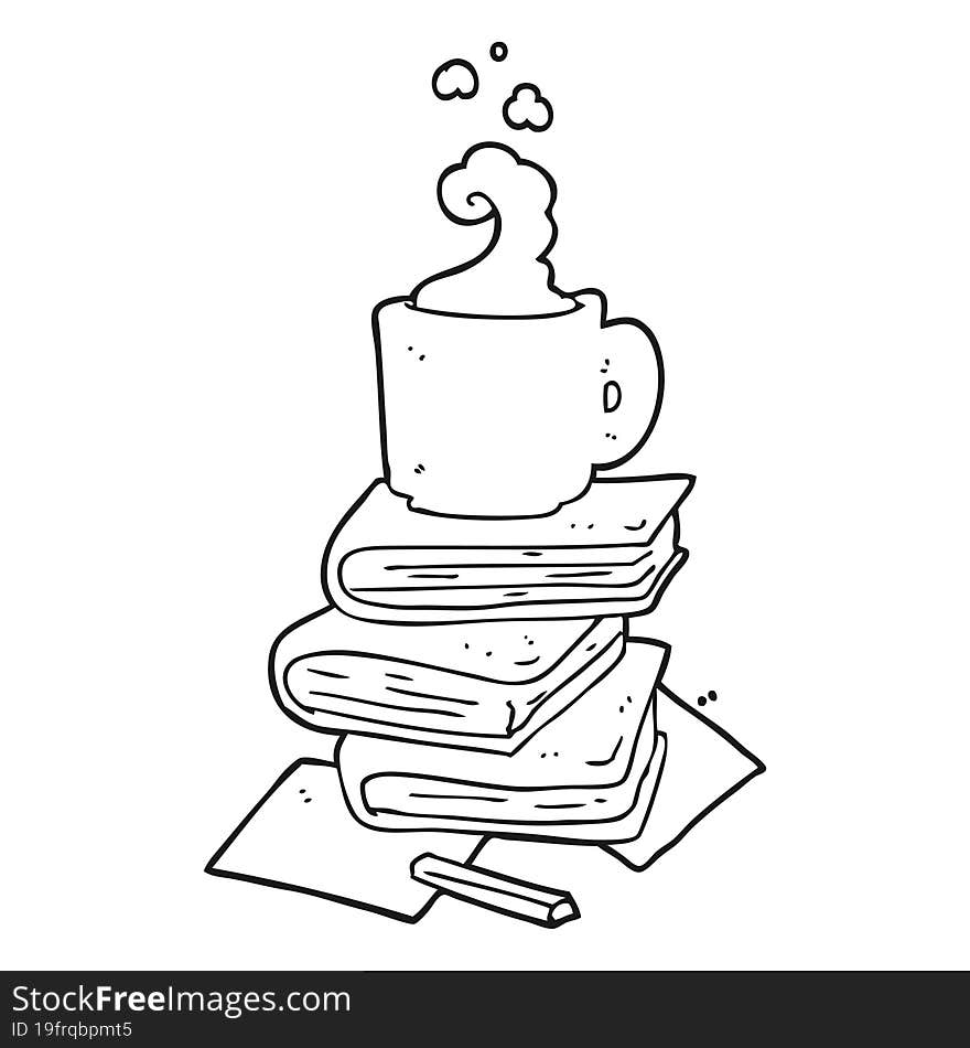 black and white cartoon books and coffee cup